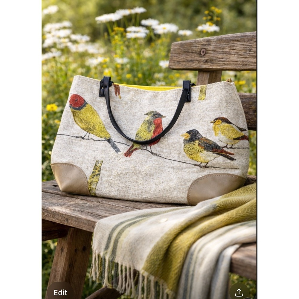HandMade Bird Tapestry Tote Bag Womens Large Tan Embroidered Finch‎ Design